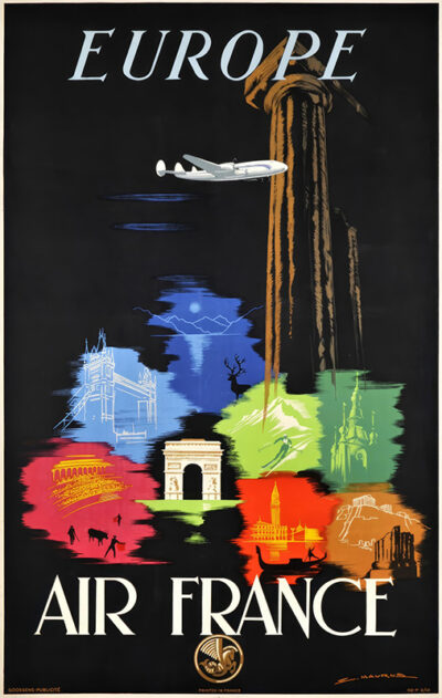 Vintage Air France travel poster featuring a plane soaring above European landmarks like the Arc de Triomphe and Colosseum, with EUROPE and AIR FRANCE boldly displayed. Poster print available in A1 to A4 sizes.