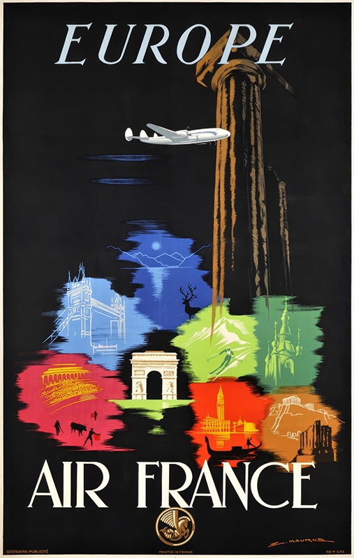 product-image Vintage Air France travel poster featuring a plane soaring above European landmarks like the Arc de Triomphe and Colosseum, with EUROPE and AIR FRANCE boldly displayed. Poster print available in A1 to A4 sizes.