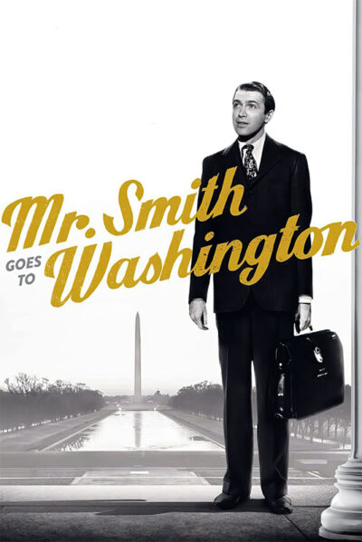 A man in a suit stands by a column holding a briefcase, with Mr. Smith Goes to Washington, the classic 1939 movie, in large text and the Washington Monument visible in the background. Movie poster print available in A1 to A4 sizes.