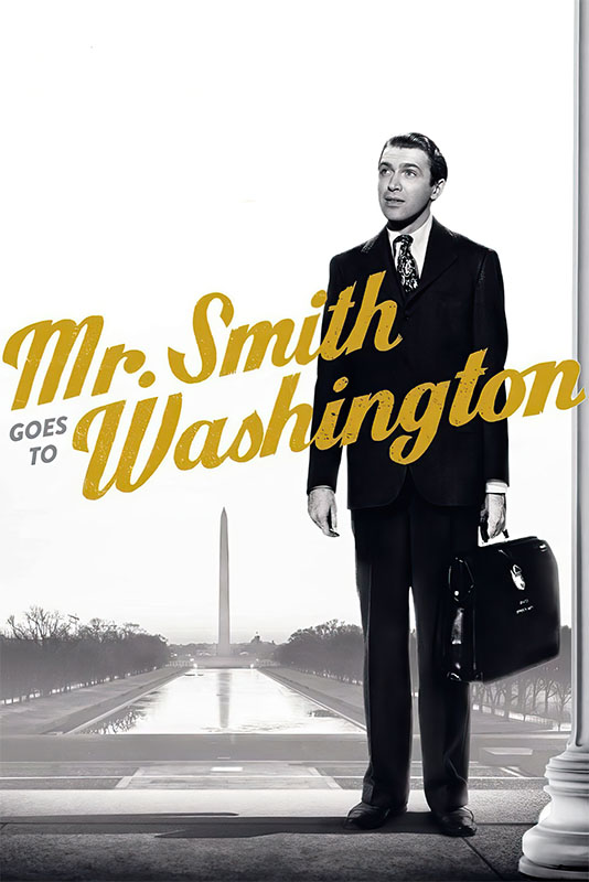 Product-Image_0000_Mr. Smith Goes to Washington.jpg A man in a suit stands by a column holding a briefcase, with Mr. Smith Goes to Washington, the classic 1939 movie, in large text and the Washington Monument visible in the background. Movie poster print available in A1 to A4 sizes.