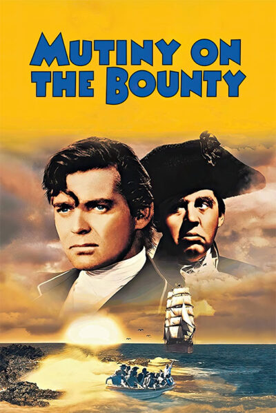 1935 movie poster for Mutiny on the Bounty featuring two men in historical naval attire, a sailing ship, and a lifeboat at sea with a sunset in the background. Movie poster print available in A1 to A4 sizes.