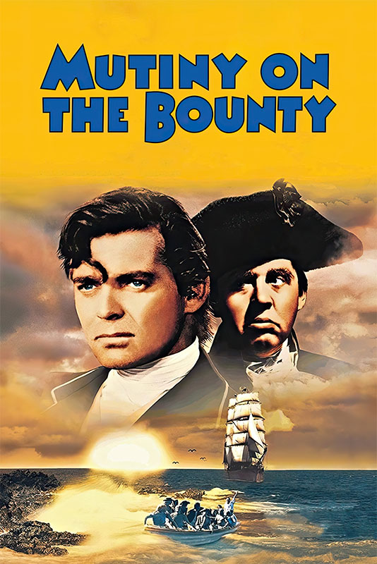 Product-Image_0001_Mutiny on the Bounty.jpg 1935 movie poster for Mutiny on the Bounty featuring two men in historical naval attire, a sailing ship, and a lifeboat at sea with a sunset in the background. Movie poster print available in A1 to A4 sizes.