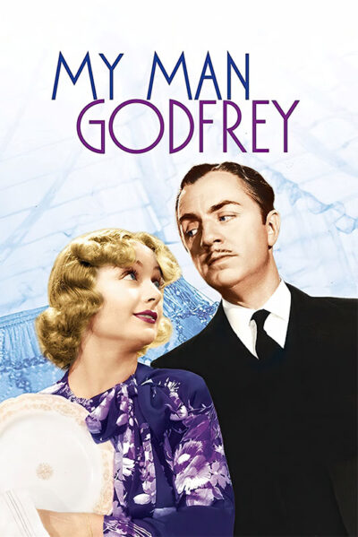 A woman in a purple dress looks up at a man in a suit and tie; above them, the text reads My Man Godfrey, referencing the 1936 classic film. Movie poster print available in A1 to A4 sizes.