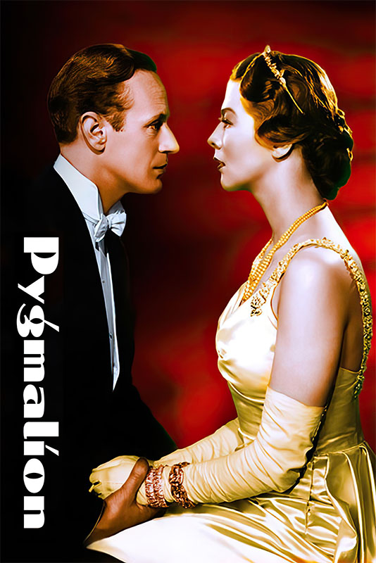 A man in a tuxedo and a woman in a yellow dress sit face to face against a red background with the word Pygmalion written vertically on the left, capturing an iconic scene from the classic 1938 film, Pygmalion. Movie poster print available in A1 to A4 sizes.