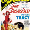 Poster for the classic film San Francisco, featuring illustrated portraits of Clark Gable, Jeanette MacDonald, and a red-dressed woman, with bold, colourful text announcing the cast of this iconic 1936 movie. Movie poster print available in A1 to A4 sizes.