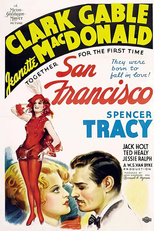 Product-Image_0004_San Francisco.jpg Poster for the classic film San Francisco, featuring illustrated portraits of Clark Gable, Jeanette MacDonald, and a red-dressed woman, with bold, colourful text announcing the cast of this iconic 1936 movie. Movie poster print available in A1 to A4 sizes.