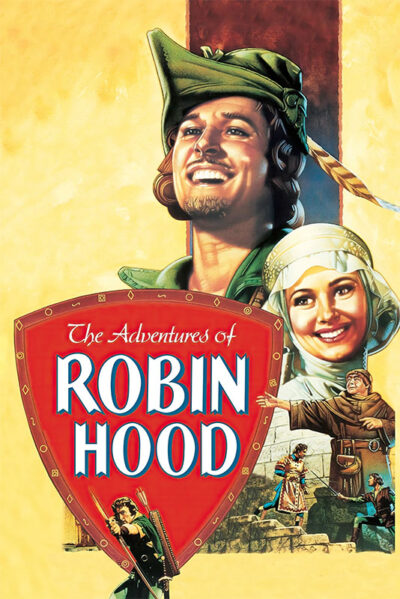 1938 poster for The Adventures of Robin Hood featuring illustrated portraits of Robin Hood, Maid Marian, a knight, and a large red shield with the movie title. Movie poster print available in A1 to A4 sizes.