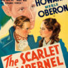 Vintage 1934 movie poster for The Scarlet Pimpernel featuring illustrated portraits of Leslie Howard and Merle Oberon, with bold title text and a smaller crowd scene at the bottom. Movie poster print available in A1 to A4 sizes.