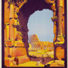 Vintage Rome Travel Poster inspired by Roger Broders, showing the Colosseum through ancient ruins with people and a dog. Text promotes the luxury Rome Express train. Original artwork dates to 1921. Poster print available in A1 to A4 sizes.