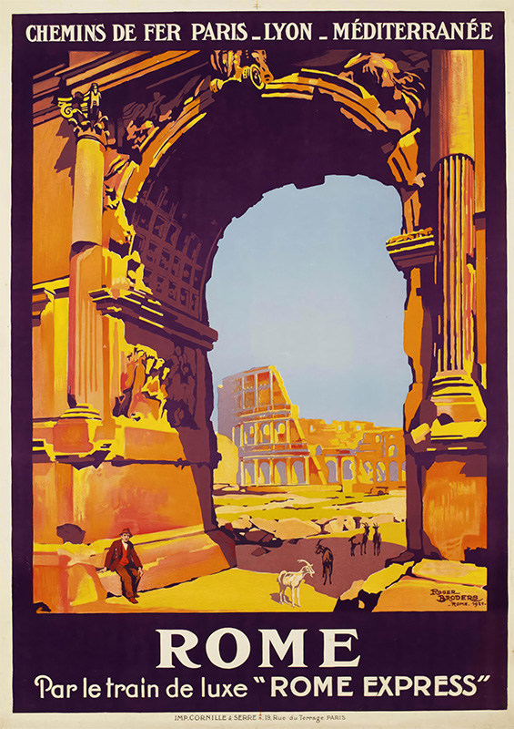 product-image Vintage Rome Travel Poster inspired by Roger Broders, showing the Colosseum through ancient ruins with people and a dog. Text promotes the luxury Rome Express train. Original artwork dates to 1921. Poster print available in A1 to A4 sizes.