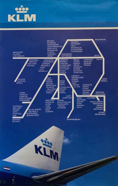 KLM Route Map poster featuring airline routes forming the shape of a Boeing 747 over a blue background, with the KLM logo and a partial view of an airplane tail at the bottom. Poster print available in A1 to A4 sizes.