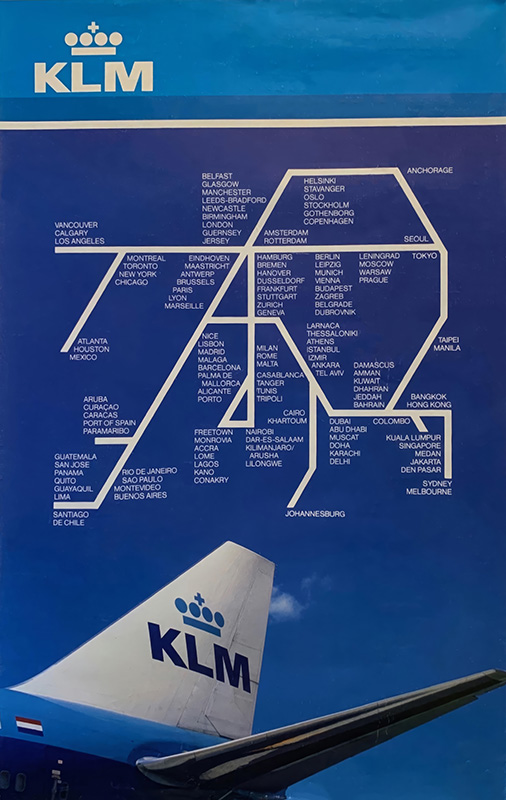 product-image KLM Route Map poster featuring airline routes forming the shape of a Boeing 747 over a blue background, with the KLM logo and a partial view of an airplane tail at the bottom. Poster print available in A1 to A4 sizes.