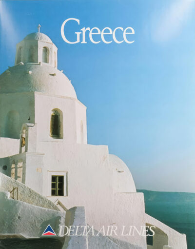 Whitewashed building with a dome against a clear blue sky, featuring the word Greece at the top and Delta Airlines logo and text at the bottom—evoking classic Greece travel vibes in a nostalgic 1990 poster style. Poster print available in A1 to A4 sizes.