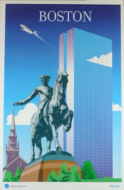 Poster illustration of Boston featuring the Paul Revere statue, a modern glass skyscraper, a church, and an Independence Air airplane flying in the sky. Poster print available in A1 to A4 sizes.