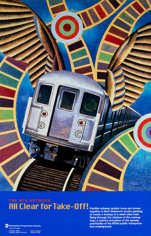product-image A subway train with wings moves forward on tracks, surrounded by colourful, geometric circular patterns; inspired by Nick Gaetano’s signature style for an Arts for Transit Poster, text about the MTA is at the bottom. Poster print available in A1 to A4 sizes.