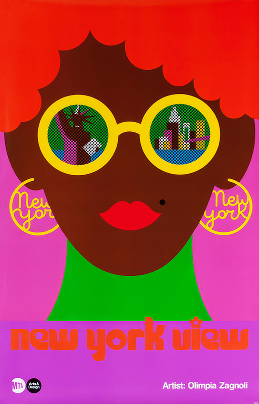 A stylized illustration by Olimpia Zagnoli features a woman with large yellow sunglasses reflecting New York City sights, bright earrings, and a green top. Text reads “new york view.” Inspired by Arts for Transit. Poster print available in A1 to A4 sizes.