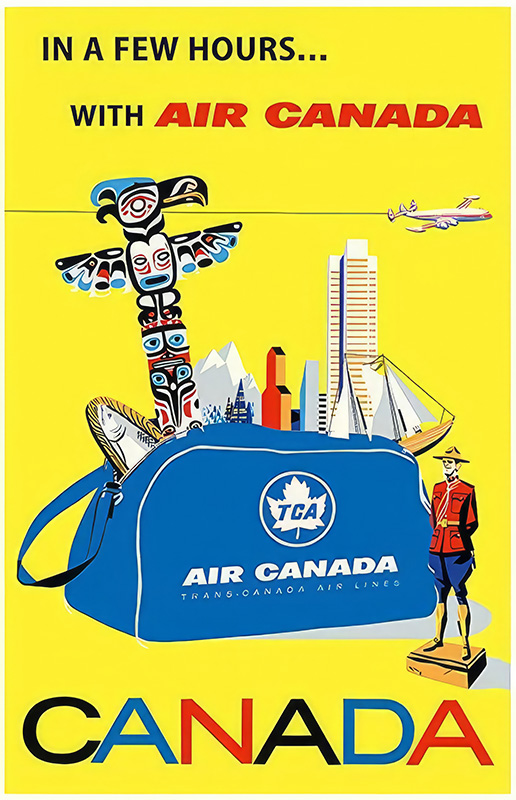 product-image Vintage Air Canada travel poster featuring a blue bag with a totem pole, city skyline, airplane, and a mountie against a yellow background. Text reads, In a few hours... with Air Canada CANADA. A classic Travel Poster from the Trans Canadian Airlines era. Poster print available in A1 to A4 sizes.
