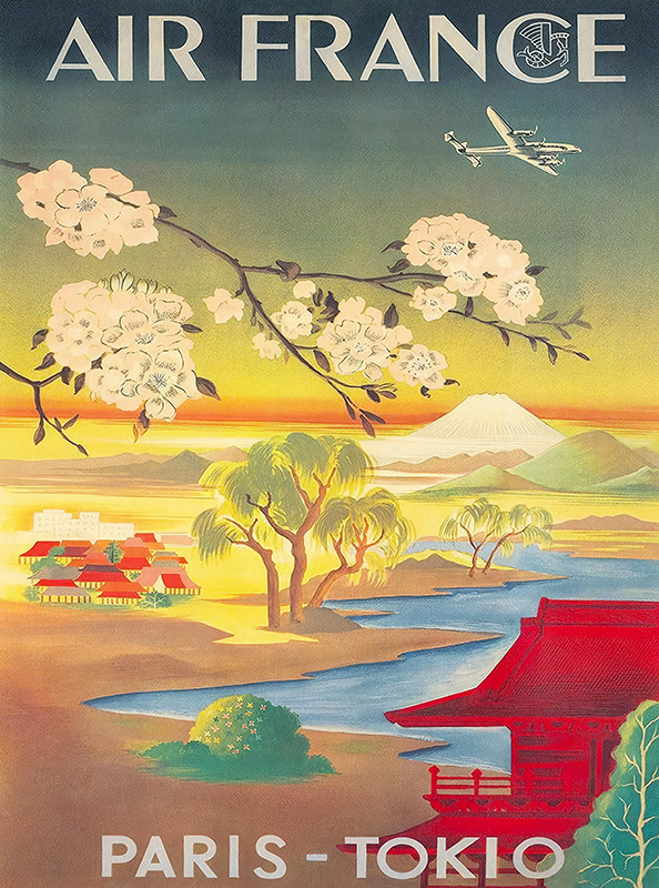 Vintage Air France travel poster featuring cherry blossoms, traditional Japanese buildings, a river, Mount Fuji, and an airplane soaring above, with text Air France, Paris - Tokyo. Poster print available in A1 to A4 sizes.