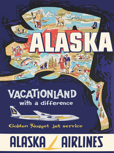 Vintage Alaska Airlines poster featuring an illustrated map of Alaska with scenes of wildlife, outdoor activities, and people, promoting Vacationland and jet service. Poster print available in A1 to A4 sizes.