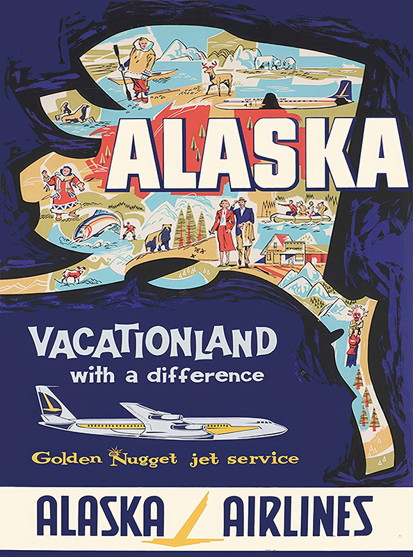 product-image Vintage Alaska Airlines poster featuring an illustrated map of Alaska with scenes of wildlife, outdoor activities, and people, promoting Vacationland and jet service. Poster print available in A1 to A4 sizes.
