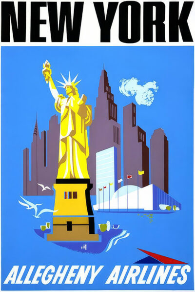 product-image A stylized travel poster illustration of the Statue of Liberty with New York City buildings behind it, featuring the text New York and Allegheny Airlines on a bright blue background. Poster print available in A1 to A4 sizes.