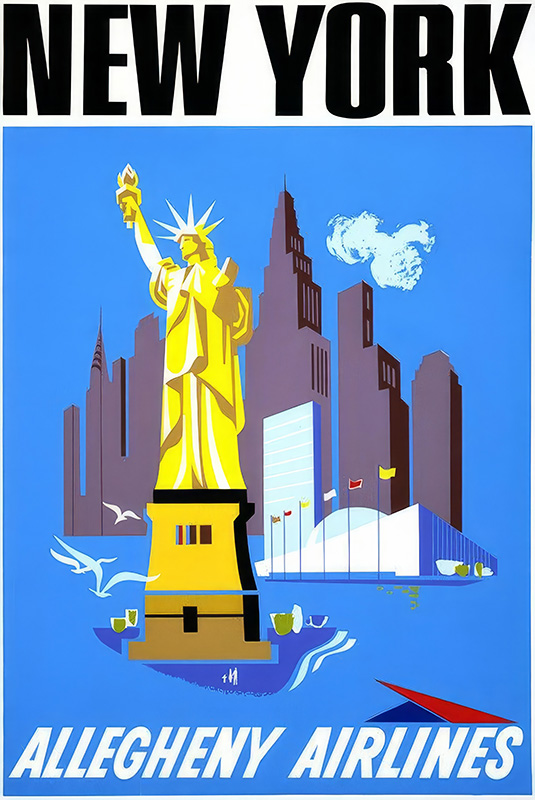 product-image A stylized travel poster illustration of the Statue of Liberty with New York City buildings behind it, featuring the text New York and Allegheny Airlines on a bright blue background. Poster print available in A1 to A4 sizes.