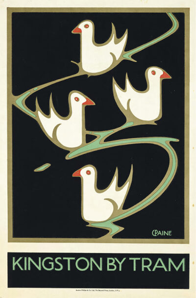 Stylized illustration of four white ducks swimming on dark water, with the text Kingston by Tram in bold letters at the bottom, inspired by Charles Paine and his association with the Underground Group. Poster print available in A1 to A4 sizes.
