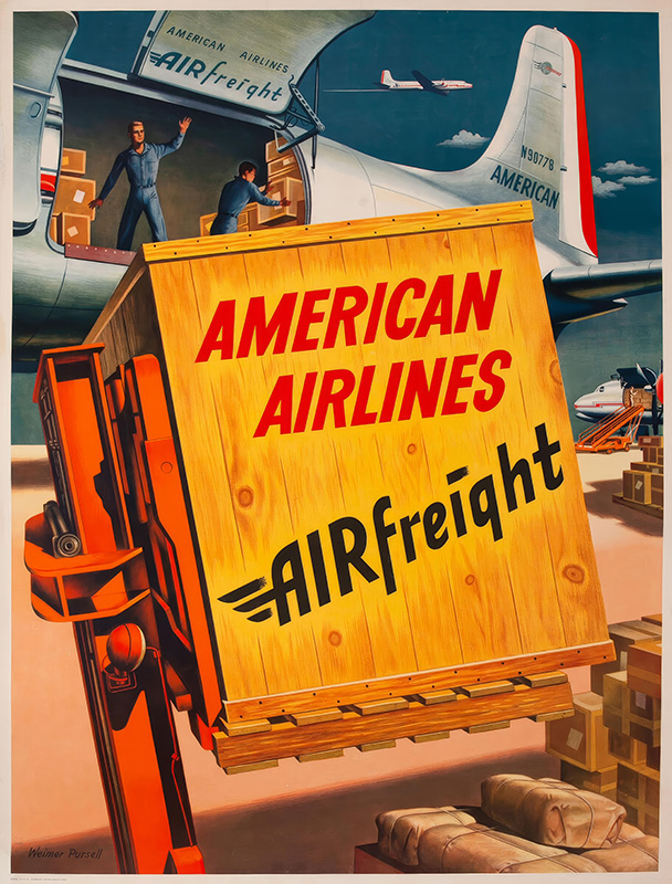 A large wooden crate labeled American Airlines AIRfreight is being loaded onto an airplane by workers, reminiscent of a classic Airfreight Poster in the style of Weimer Pursell, with aircraft and cargo visible in the background. Poster print available in A1 to A4 sizes.