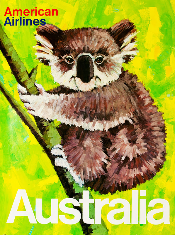product-image A painted koala sits on a tree branch against a yellow-green background, featuring Australia Travel and American Airlines text in the style of Robert Jones. Poster print available in A1 to A4 sizes.