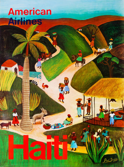 Colourful vintage American Airlines travel poster featuring a vibrant Haitian village scene with people, animals, and lush landscapes. Perfect for Haiti travel enthusiasts, with Haiti in bold red letters at the bottom. Poster print available in A1 to A4 sizes.