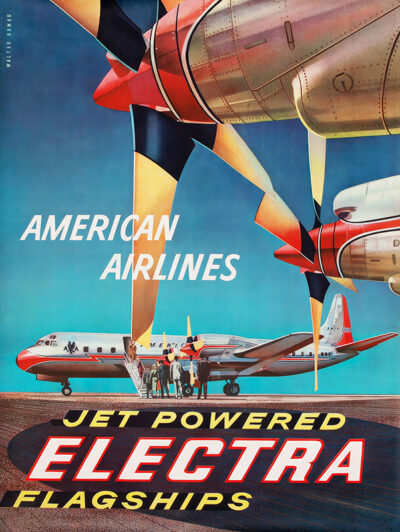 Vintage American Airlines Electra Travel Poster by Walter Bomar, featuring passengers boarding a jet-powered Electra aircraft with large propellers and another plane in the foreground. Poster print available in A1 to A4 sizes.