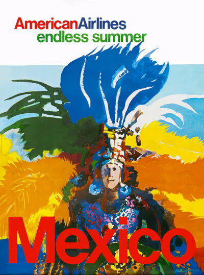 Vibrant American Airlines travel poster showcases a stylized figure in traditional attire, with bold text reading “endless summer” and “Mexico.”. Poster print available in A1 to A4 sizes.