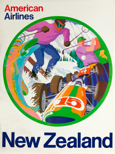 Vintage Travel Poster for American Airlines, showcasing stylized skiing, fishing, and race cars amid New Zealand’s mountains and trees. Text reads: American Airlines New Zealand. Poster print available in A1 to A4 sizes.