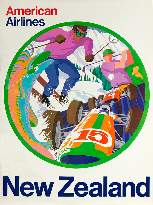 product-image Vintage Travel Poster for American Airlines, showcasing stylized skiing, fishing, and race cars amid New Zealand’s mountains and trees. Text reads: American Airlines New Zealand. Poster print available in A1 to A4 sizes.