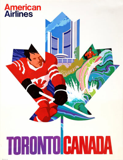 A stylized travel poster features a hockey player, fish, and cityscape inside a maple leaf, promoting Toronto, Canada with bold American Airlines branding. Poster print available in A1 to A4 sizes.