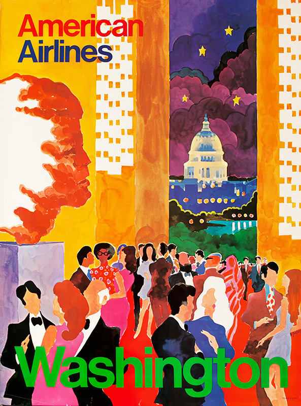 product-image Colourful illustrated travel poster of a formal gathering in front of the U.S. Capitol, with American Airlines at the top and Washington D.C. at the bottom. Poster print available in A1 to A4 sizes.