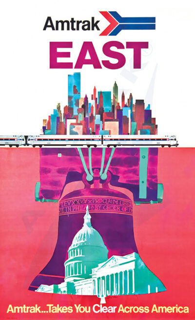 A vintage Amtrak travel poster inspired by David Klein, featuring a train above the Liberty Bell, with a city skyline and Capitol dome; text reads “Amtrak EAST” and “Amtrak...Takes You Clear Across America.”. Poster print available in A1 to A4 sizes.