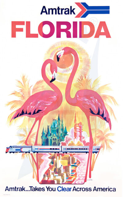 A vibrant travel poster features two pink flamingos, palm trees, and a castle, with an Amtrak train gliding below and the word FLORIDA boldly displayed at the top. Poster print available in A1 to A4 sizes.