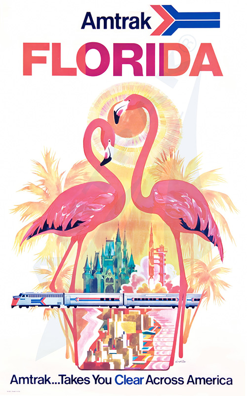 product-image A vibrant travel poster features two pink flamingos, palm trees, and a castle, with an Amtrak train gliding below and the word FLORIDA boldly displayed at the top. Poster print available in A1 to A4 sizes.