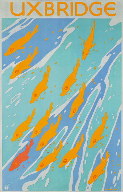 A graphic illustration of orange fish swimming in blue and turquoise water, inspired by a Charles Paine style Uxbridge Travel Poster, with “UXBRIDGE” written in large orange letters at the top. Poster print available in A1 to A4 sizes.