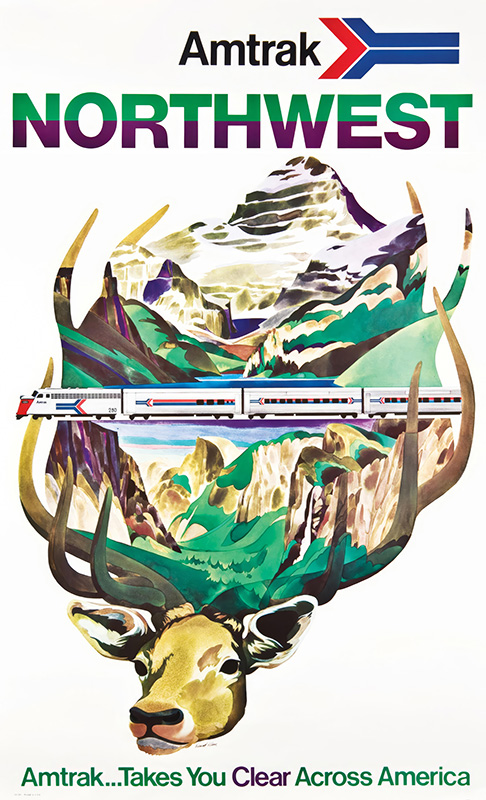 product-image Amtrak travel poster featuring a train winding through Northwest mountains, framed by a majestic elk and antlers. Text reads Amtrak Northwest and Amtrak...Takes You Clear Across America. Poster print available in A1 to A4 sizes.
