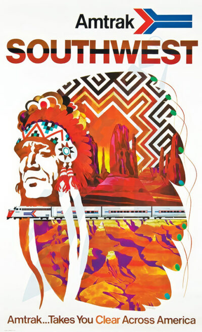 Amtrak Southwest travel poster featuring a stylized Native American profile, desert landscape, train, and geometric patterns, with the text “Amtrak…Takes You Clear Across America.”. Poster print available in A1 to A4 sizes.