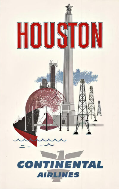 Vintage Continental Airlines travel poster featuring Houston landmarks, including oil rigs, a ship, and a tall monument, with bold red HOUSTON text at the top. Poster print available in A1 to A4 sizes.