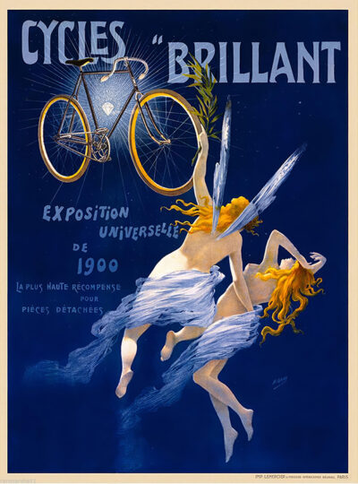 Vintage Poster featuring two winged figures reaching toward a glowing bicycle, advertising Cycles Brilliant and the 1900 Exposition Universelle in Paris, captures the elegance and spirit of 1900 France. Poster print available in A1 to A4 sizes.
