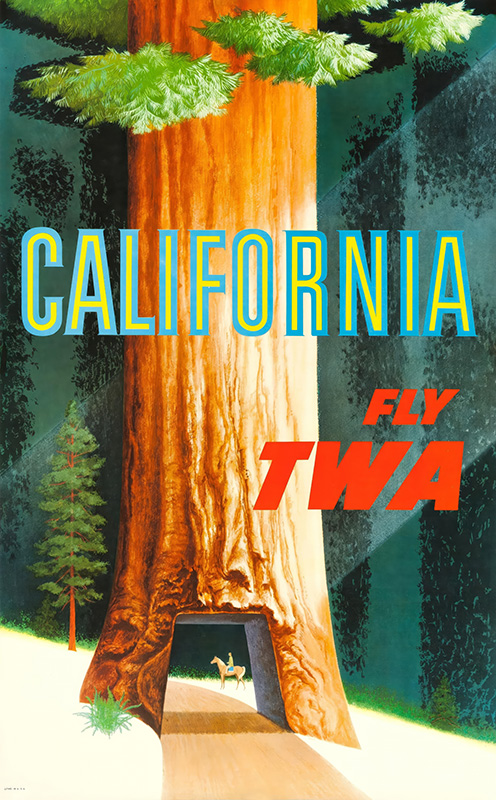 A vintage poster by David Klein shows a car driving through a tunnel at the base of a giant redwood tree, with the text California Fly TWA. Poster print available in A1 to A4 sizes.