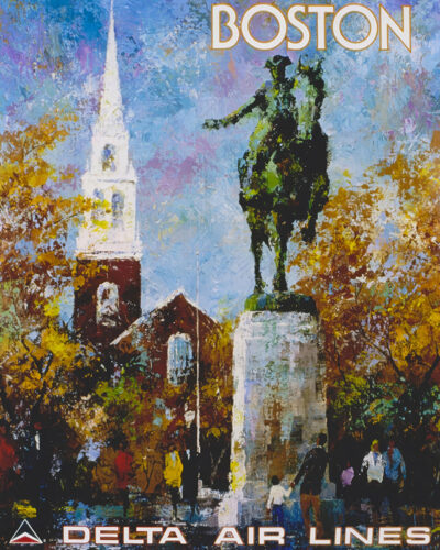 Painting-style travel poster of Boston featuring the Paul Revere statue and Old North Church, with Boston and Delta Air Lines text at the top and bottom—a perfect piece for any Boston travel enthusiast. Poster print available in A1 to A4 sizes.