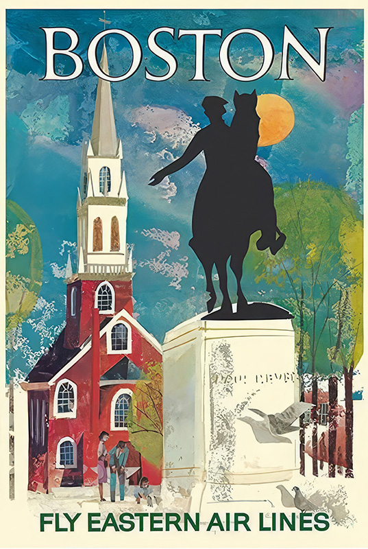 product-image Vintage-style Boston travel poster featuring Paul Revere’s equestrian statue, Old North Church, a family, and the classic text: Fly Eastern Air Lines. Poster print available in A1 to A4 sizes.