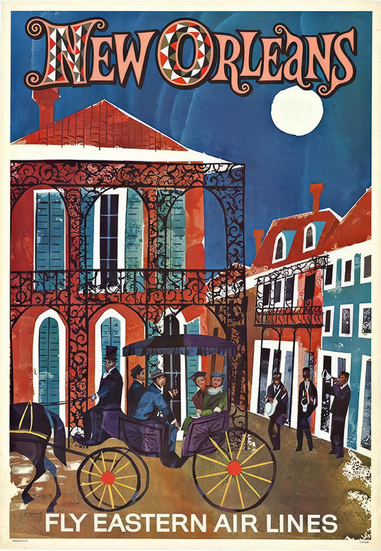 product-image Vintage New Orleans travel poster featuring a horse-drawn carriage, ornate buildings, and the text “Fly Eastern Air Lines” under a moonlit sky. Poster print available in A1 to A4 sizes.