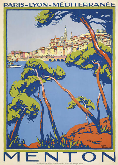Vintage Menton travel poster by Roger Broders from 1922, featuring a colourful illustration of Menton, France, and the sea framed by pine trees. Text reads Paris-Lyon-Méditerranée and Menton. Poster print available in A1 to A4 sizes.