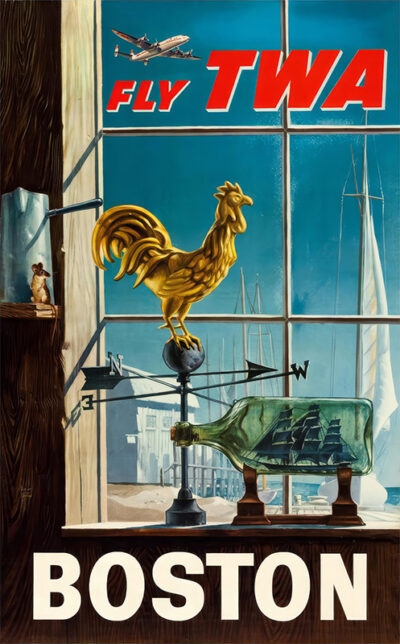 Vintage Boston Travel Poster for TWA featuring a weather vane, a ship in a bottle, sailboats, and an airplane in the sky, with bold red and white Fly TWA and Boston text. Poster print available in A1 to A4 sizes.